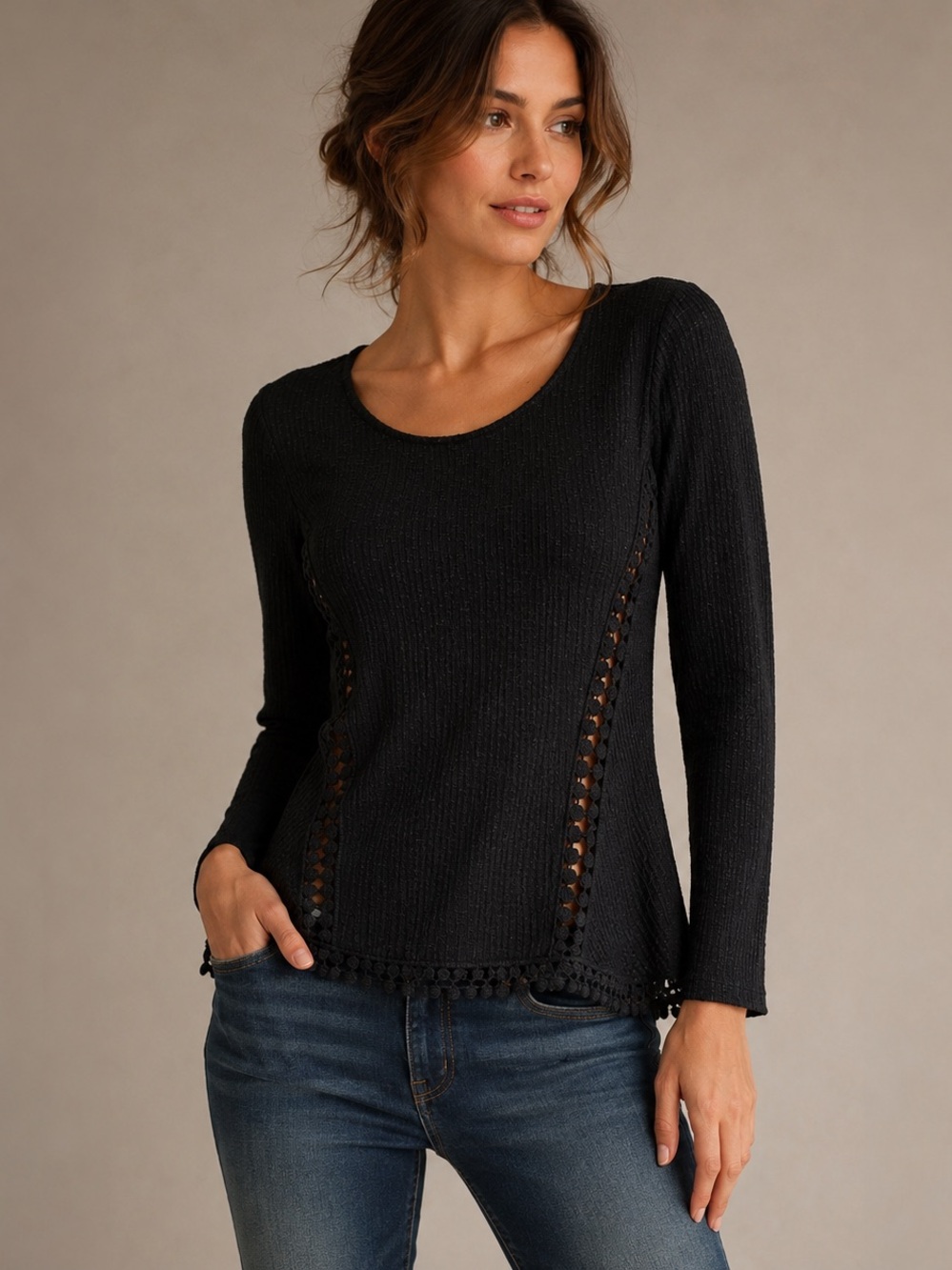 Anthropologie Eri + Ali Black Crochet Trim Textured Top